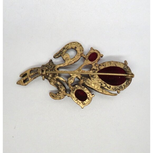 Vintage Floral Brooch 2" Red Faceted Lucite Gems Pin Antique Gold Tone Setting - Picture 6 of 10